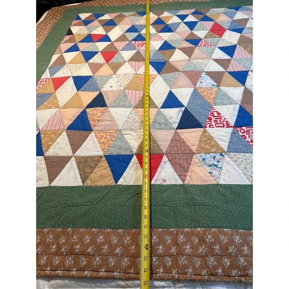 Antique Handmade Reversible Triangle Patchwork Quilt Cotton Geometric 74x72